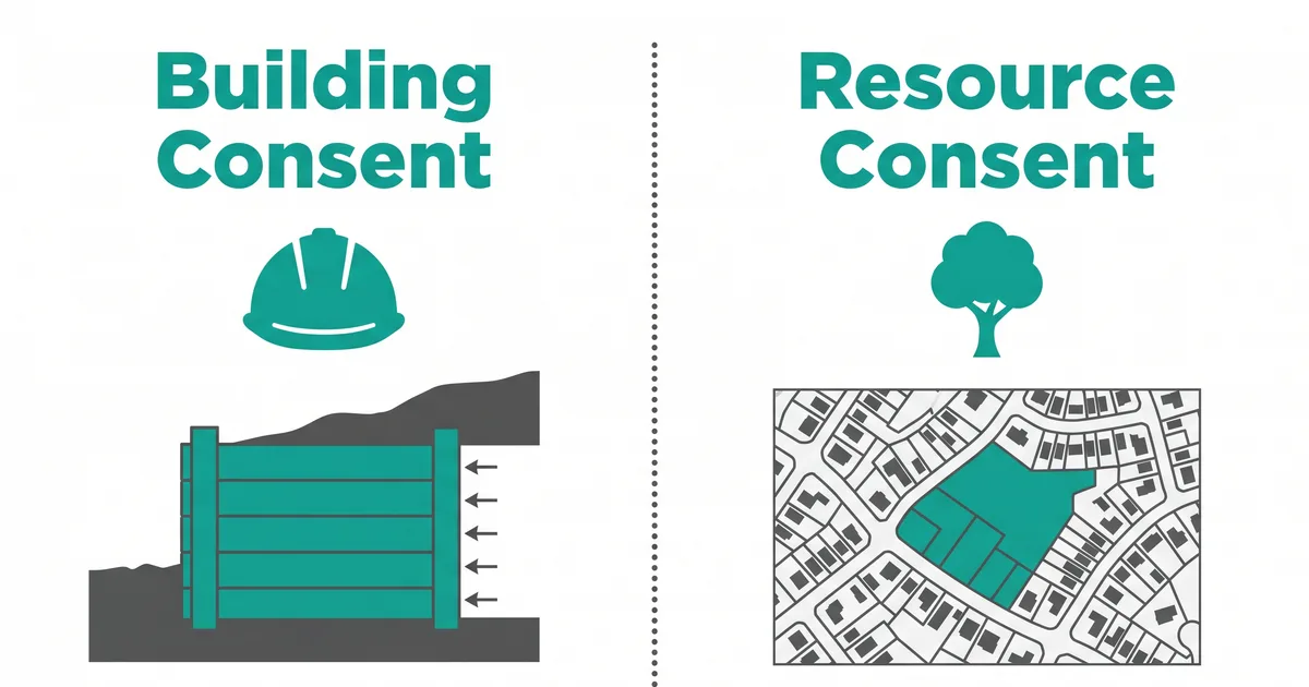 Diagram showing the difference between building consent and resource consent for retaining walls in Auckland