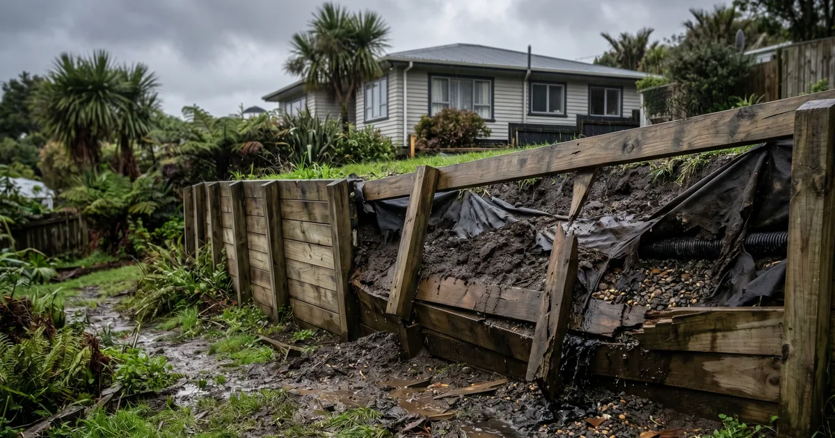 A failed retaining wall leaning forward after a wet Auckland winter, soil and drainage visible behind the collapsed section