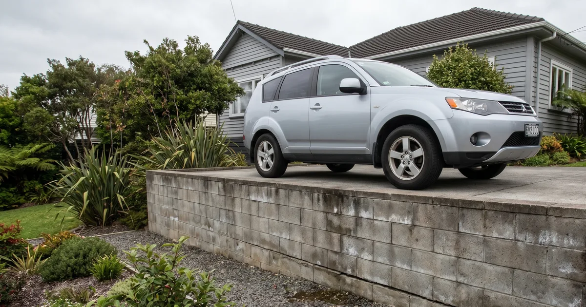A retaining wall with a driveway and parked car sitting above it, showing surcharge load that requires building consent regardless of wall height